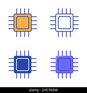 Microchip icon set in flat and line style. CPU, central processing unit symbol. Vector illustration. Stock Vector