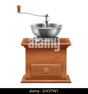 Manual classic coffee grinder in wooden case, realistic 3d vector illustration, isolated on white background Stock Vector