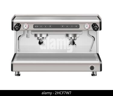 Modern metal professional coffee machine on two cups front view realistic 3d rendering isolated on white background. Espresso cappuccino coffee maker Stock Vector