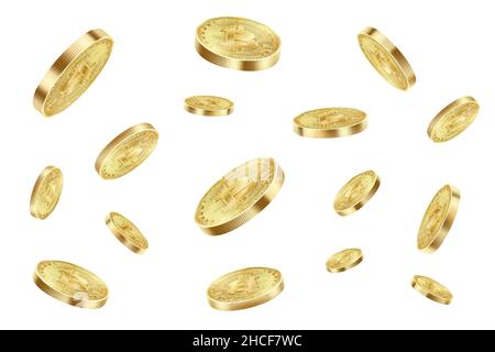 Bitcoin coins flying isolated on a white background. Bitcoin virtual cryptocurrency explosion. Realistic 3d Vector illustration. Stock Vector