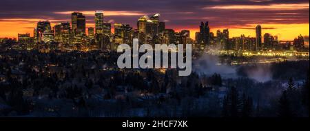 Panoramic View of the City of Calgary During a Freezing Sunrise Morning. Stock Photo