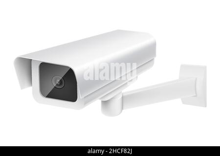 Security camera. White CCTV surveillance system. Monitoring, guard equipment, burglary or robbery prevention. Vector 3d realistic illustration isolate Stock Vector