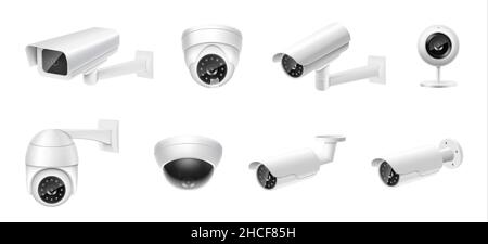 Closed circuit television cameras realistic set. External cctv. Surveillance equipment. Security monitoring system for smart home, company. Vector rea Stock Vector