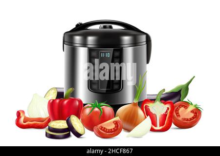 Multi Cooker and bunch of fresh vegetables , realistic 3d vector composition with image of crock pot electric appliance for kitchen, isolated on white Stock Vector
