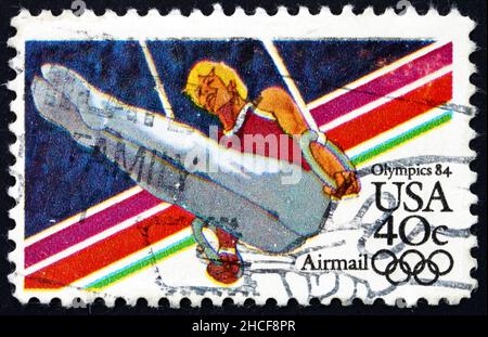 UNITED STATES OF AMERICA - CIRCA 1983: a stamp printed in the USA shows Gymnast, 1984 Summer Olympic Games, Los Angeles, California, circa 1983 Stock Photo