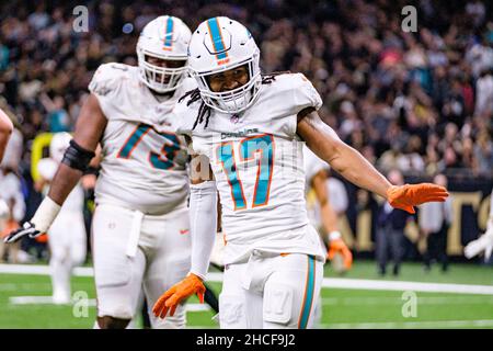 Miami Dolphins' Jaylen Waddle celebrates scoring a touchdown with  team-mates during the match which is part of the NFL London Games at  Tottenham Hotspur Stadium, London. Picture date: Sunday October 17, 2021