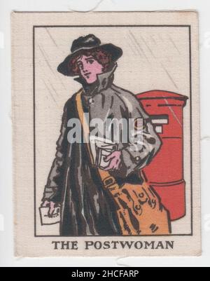 'The postwoman': One of a series of silk cards portraying First World War women workers given away by the weekly magazine 'The Happy Home' as 'charming war souvenirs'. The image shows a postal worker carrying a mail bag and letters, standing in front of a red post box Stock Photo