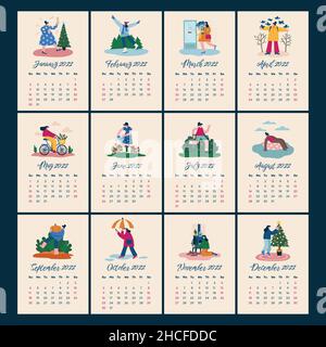 hand drawn flat 2022 calendar template abstract design vector illustration Stock Vector