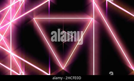 Flying through glowing rotating neon triangles in a tunnel, red pink violet spectrum, seamless loop. Fluorescent ultraviolet light of moving fast geom Stock Photo