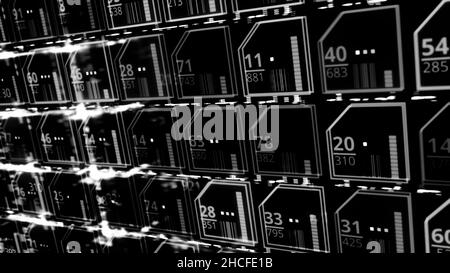 Electronic components on a circuit board, monochrome. Black and white display with multiple connections, seamless loop. Stock Photo