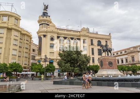 Córdoba Spain - 09 13 2021: View at the Tendillas square, Plaza de las tendillas, considered as the city’s main square,classic buildings, fountains, t Stock Photo