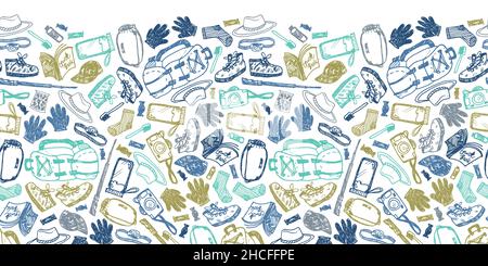 Vector white seamless doodle sketch horizontal border pattern with objects for trekking and hiking. Suitable for posters and trekking brochures. Stock Vector