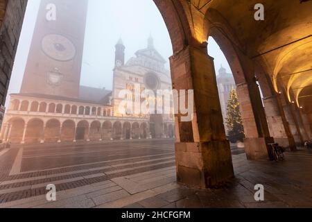 Cathedral square in Cremona on a foggy day. Stock Photo