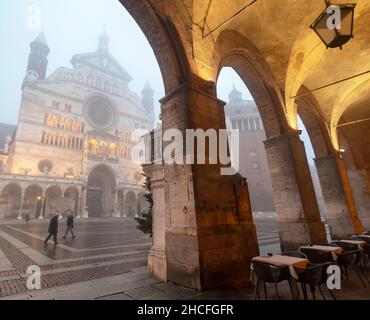 Cathedral square in Cremona on a foggy day. Stock Photo