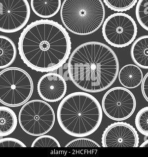 Seamless pattern with bicycle wheels. Bike rubber tyre silhouettes. Fitness cycle, road and mountain bike. Vector illustration. Stock Vector