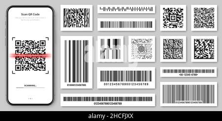 Product barcodes and QR codes. Smartphone application, scanner app. Identification tracking code. Serial number, product ID with digital information Stock Vector