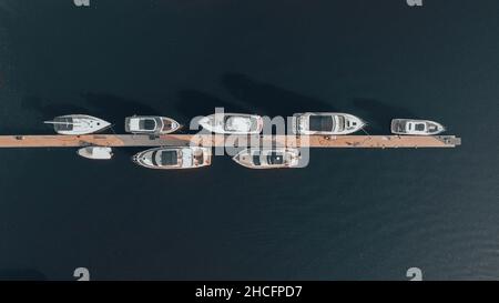 Beautiful aerial view of yachts in Riviera Riverside in Dnieper river in Kyiv, Ukraine Stock Photo