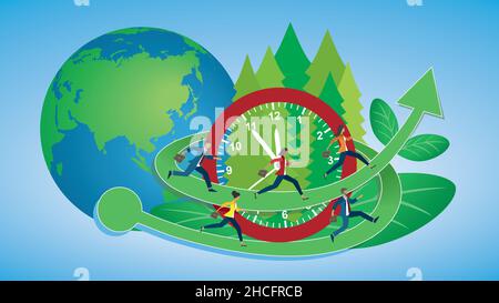 Time to change to stop climate changes. Save our environment. People running around the clock. Vector illustration. Dimension 16:9. Stock Vector