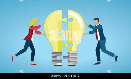 Cooperation about idea and development. Vector illustration. Dimension 16:9. EPS10. Stock Vector