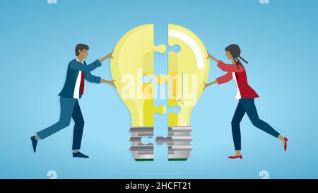 Cooperation about idea and development. Vector illustration. Dimension 16:9. EPS10. Stock Vector