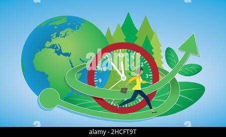 Time to chage. Wooman running on up going arrow for sustainability. Vector  illustration. Dimension 16:9. Stock Vector