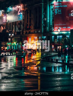 Night lights in the city creating a beautiful color pallete in the center of Bucharest Stock Photo