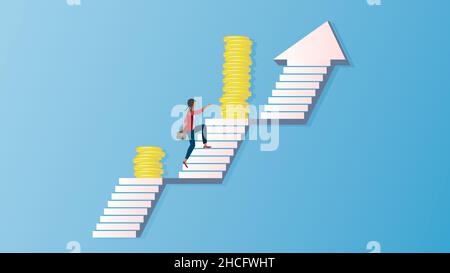 Woman climbing higher to earn more money. Vector illustration. Dimension 16:9. EPS10. Stock Vector