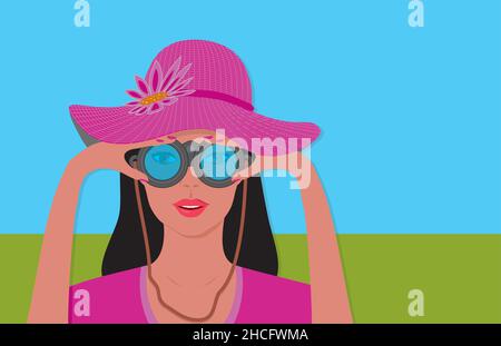 Curious woman with binoculars. Dimension 16:9. Stock Vector