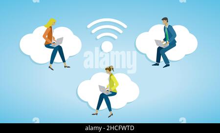 Working from everywhere on the cloud. Vector illustration. Dimension 16:9. EPS10. Stock Vector