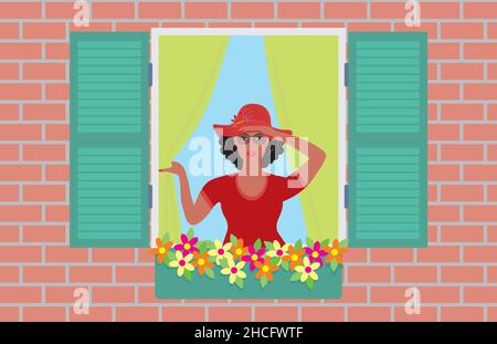 Woman looking out from her window. Vector illustration. Dimension 16:9. EPS10. Stock Vector