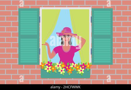 Woman looking out from her window. Vector illustration. Dimension 16:9. EPS10. Stock Vector