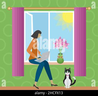 Working at home. Woman sitting in window with laptop. Real flowers derivated from my photo to vector. Cat on the floor. Vector illustration. EPS10. Stock Vector
