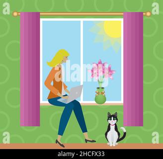 Working at home. Woman sitting in window with laptop. Real flowers derivated from my photo to vector. Cat on the floor. Vector illustration. EPS10. Stock Vector