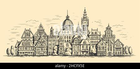 Town old houses. Hand drawn cityscape sketch vintage illustration Stock Vector