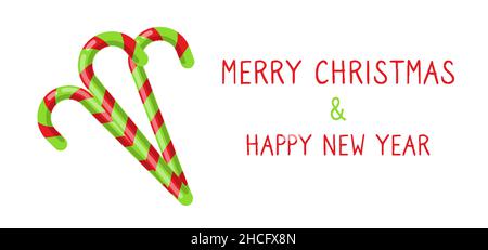 Horizontal winter banner with Happy New Year and Merry Christmas, lettering, text on white isolated background with candy cane. For retail and online stores, site header, cards. Vector illustration Stock Vector