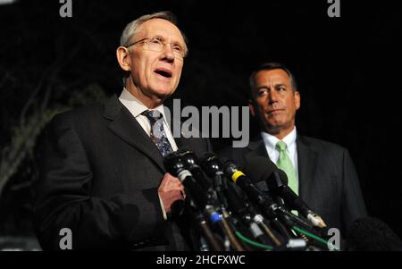 6 April 2011 - Washington, D.C. -Speaker John Boehner and Senate Majority Leader Harry Reid make a statement after meeting with President Barack Obama at the White House April 6, 2011 in Washington, DC. President Obama  invited back Speaker John Boehner and Senate Majority Leader Harry Reid for a late meeting Wednesday night to discuss ongoing negotiations on a funding bill to bring us through the end of the fiscal year. Photo Credit: Olivier Douliery / Pool/Sipa USA/1104071440 Stock Photo