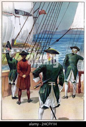 officers on one of Captain Cook's ships during one of their expeditions of exploration in the late 1700s, published circa 1900 Stock Photo