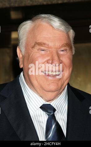 JOHN MADDEN (April 10, 1936 - December 28, 2021) was an American football coach and sportscaster. Madden was the head coach of the NFL Oakland Raiders for ten seasons (1969-1978), and helmed them to a championship victory in Super Bowl XI (1977). After retiring from coaching, he served as a color commentator for NFL telecasts until 2009. The 85-year old died Tuesday morning. FILE PHOTO SHOT ON: May 15, 2006, New York, New York, USA: Football announcer JOHN MADDEN during arrivals for the NBC 2006-2007 Primetime Upfront held at Radio City Music Hall. (Credit Image: © Nancy Kaszerman/ZUMAPRESS.co Stock Photo
