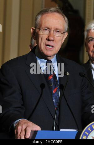 Washington, DC - December 24, 2009 -- United States Senate Majority Leader Harry Reid (Democrat of Nevada) makes remarks after voting to pass H.R. 3590, regarding health care reform in the U.S. Capitol on Thursday, December 24, 2009. The vote, which was along party lines, was 60 Democrats in favor and 39 Republicans against.Credit: Ron Sachs/CNP.(RESTRICTION: NO New York or New Jersey Newspapers or newspapers within a 75 mile radius of New York City) Stock Photo