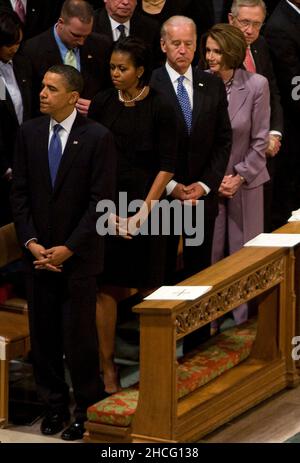 United States President Barack Obama, First Lady Michelle Obama, Vice President Joseph Biden, U.S. House Speaker Nancy Pelosi (Democrat of California), and U.S. Senate Majority Leader Harry Reid (Democrat of Nevada), attend the funeral service for civil rights activist Dorothy Height held at the National Cathedral in Washington, DC on Thursday, April 29, 2010. Height passed away on April 20 at the age of 98. Credit: Kristoffer Tripplaar/Pool via CNP Stock Photo