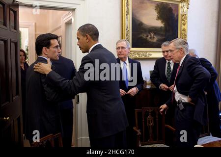 United States President Barack Obama talks with US Representative Eric Cantor (Republican of Virginia), US House Republican Whip, at the conclusion of a meeting with bipartisan Congressional leadership in the President's Private Dining Room, Tuesday, November 30, 2010. Listening at right are US Senate Republican Leader Mitch McConnell (Republican of Kentucky); US Senator Jon Kyl (Republican of Arizona) Senate Republican Whip; and US Senate Majority Leader Harry Reid (Democrat of Nevada). Mandatory Credit: Pete Souza - White House via CNP Stock Photo