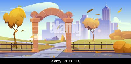 Stone gates, entrance to autumn city garden or park at rainy weather ...