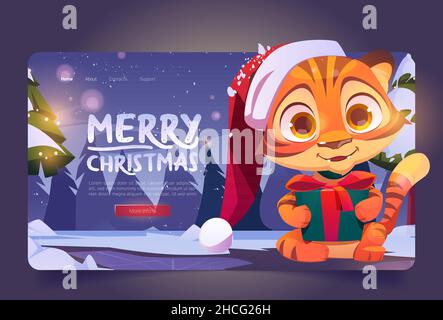 Merry Christmas cartoon landing page. Cute tiger character wear Santa Claus hat holding gift box in winter forest. Wild funny kitten animal cub, kawaii 2022 chinese zodiac symbol, Vector web banner Stock Vector