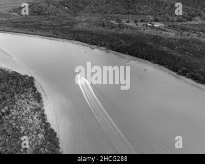 A power boat roaring up the river at speed leaving a wake behind disturbing the water. Tidal country river bordered by bushland, rendered in monotone Stock Photo