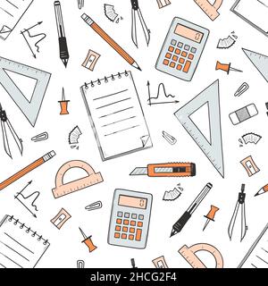 Seamless pattern with school and office stationery. Hand drawn sketch of pen, pencil, notebook and ruler. Vector background with doodle education supplies, calculator, pins, clips, knife Stock Vector