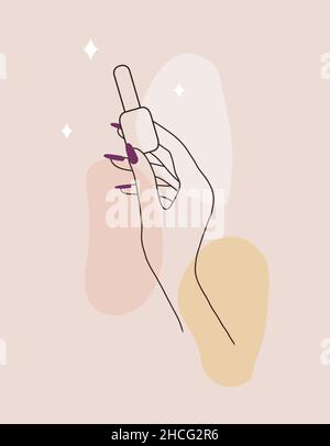 Manicure logo template for nail art studio. Modern design for beauty and spa center. Linear illustration isolated on pink watercolor background Stock Vector