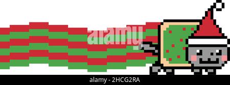 Christmas cat with red and green smoke vector meme isolated on white background. Colorful 8 bit pixel art. Flat digital vector illustration Stock Vector