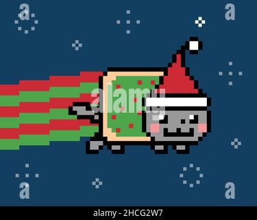 Christmas cat wearing santa hat in space with red and green smoke vector meme isolated on white background. Colorful 8 bit pixel art Stock Vector