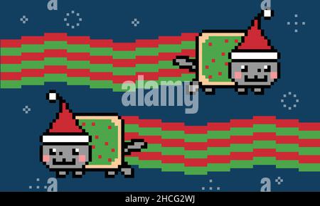 Twin Christmas cat in space with red and green smoke vector meme isolated on white background. Colorful 8 bit pixel art. Flat digital vector illustrat Stock Vector