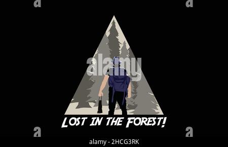 lost in the forest man standing with zoom camping monogram text vector template Stock Vector